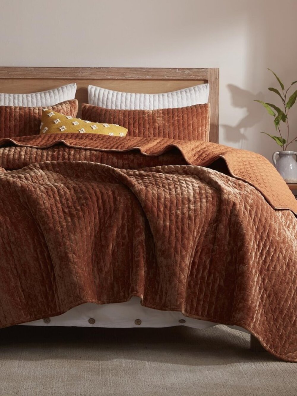 Velvet Quilt California King Size 118''x106'', Lightweight Burnt Orange Velvet